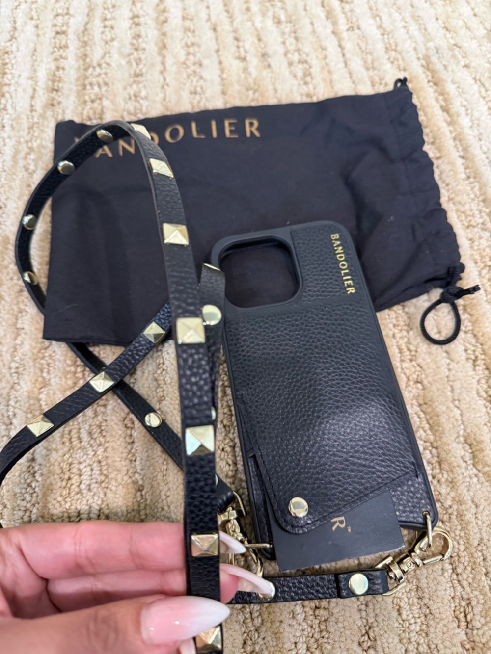 Bandolier Black Phone Crossbody with Gold Hardware- iPhone 13 Pro - Picture 3 of 5